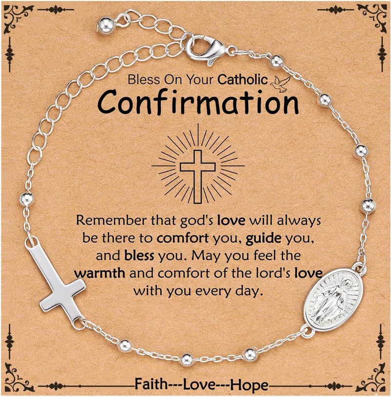 VULETO Catholic Virgin Mary Cross Bracelet Gifts for Girls Teens Women, Rosary Beads Charm Link Chain Bracelet Christmas Christian Religious Jewelry Gifts - Image 1